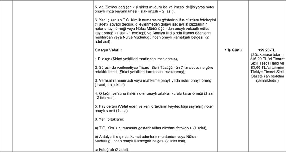 örneği (1 asıl - 1 fotokopi) ve Antalya ili dışında ikamet edenlerin muhtardan veya Nüfus Müdürlüğü nden onaylı ikametgah belgesi (2 adet asıl). Ortağın Vefatı : 1.