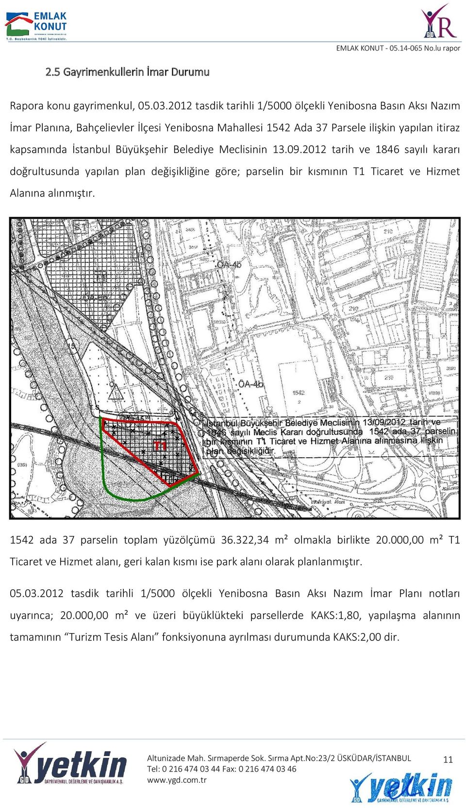 Meclisinin 13.09.2012 tarih ve 1846 sayılı kararı doğrultusunda yapılan plan değişikliğine göre; parselin bir kısmının T1 Ticaret ve Hizmet Alanına alınmıştır.