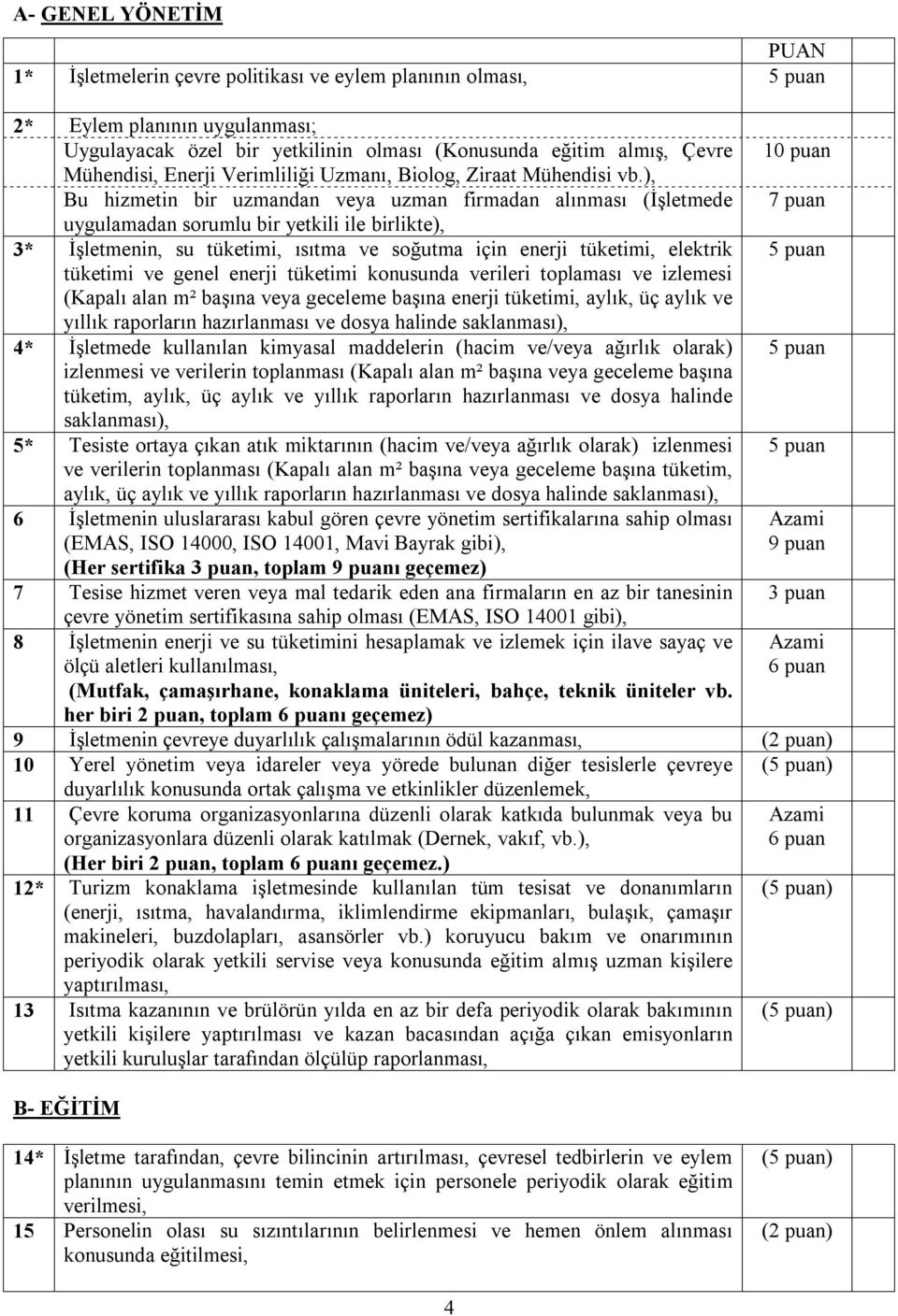 ), Bu hizmetin bir uzmandan veya uzman firmadan alınması (İşletmede uygulamadan sorumlu bir yetkili ile birlikte), 3* İşletmenin, su tüketimi, ısıtma ve soğutma için enerji tüketimi, elektrik