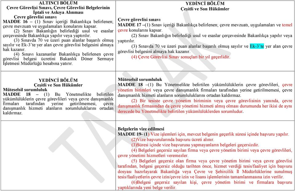 (3) Sınavda 70 ve üzeri puan alanlar başarılı olmuş sayılır ve Ek-3 te yer alan çevre görevlisi belgesini almaya hak kazanır.