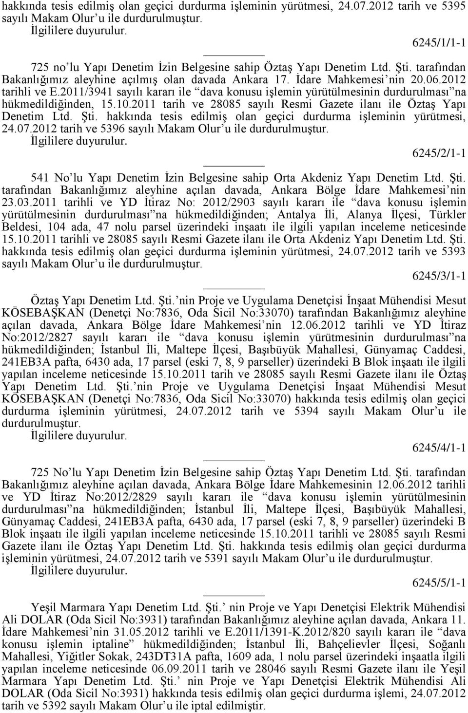 2011/3941 sayılı kararı ile dava konusu işlemin yürütülmesinin durdurulması na hükmedildiğinden, 15.10.2011 tarih ve 28085 sayılı Resmi Gazete ilanı ile Öztaş Yapı Denetim Ltd. Şti.