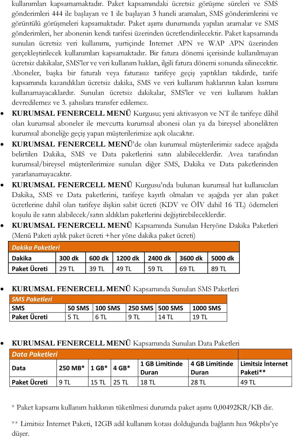 Paket kapsamında sunulan ücretsiz veri kullanımı, yurtiçinde Internet APN ve WAP APN üzerinden gerçekleştirilecek kullanımları kapsamaktadır.