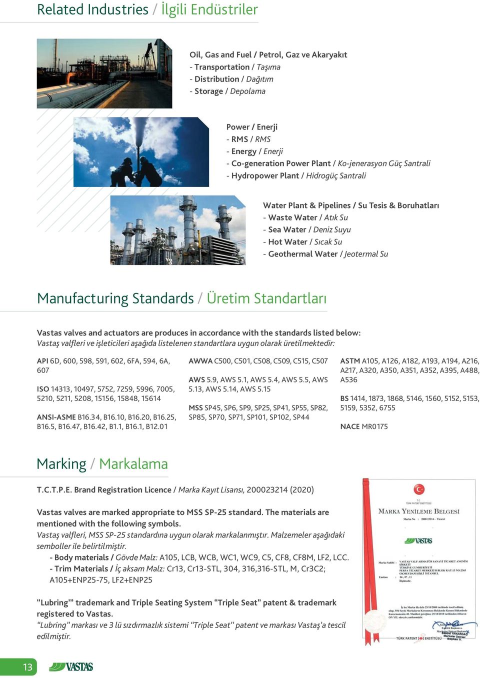 Suyu - Hot Water / Sýcak Su - Geothermal Water / Jeotermal Su Manufacturing Standards / Üretim Standartlarý Vastas valves and actuators are produces in accordance with the standards listed below: