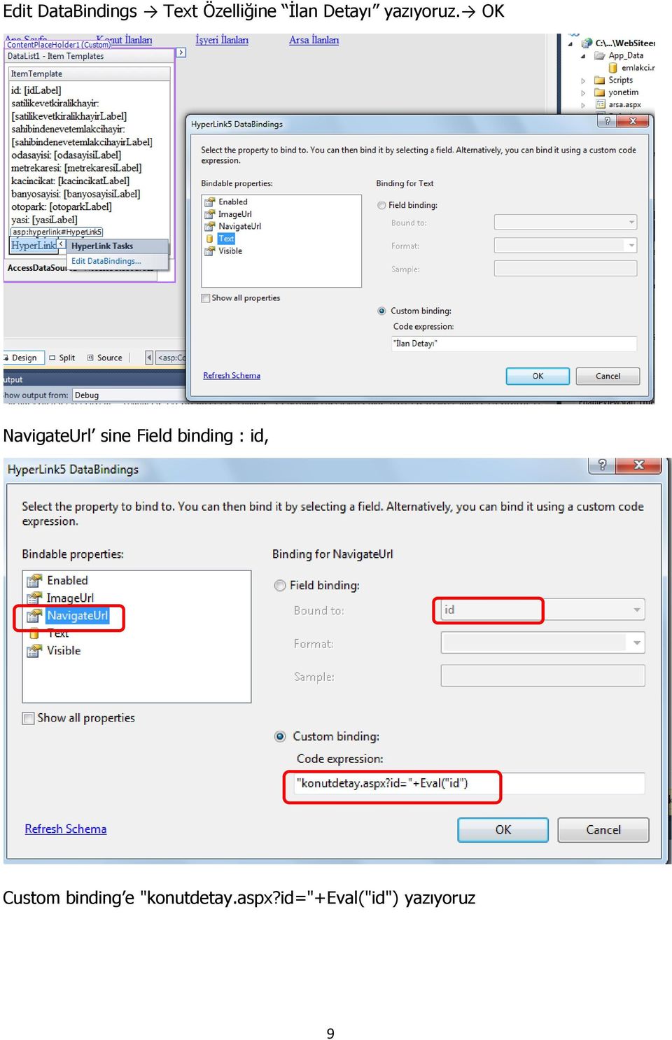 OK NavigateUrl sine Field binding : id,