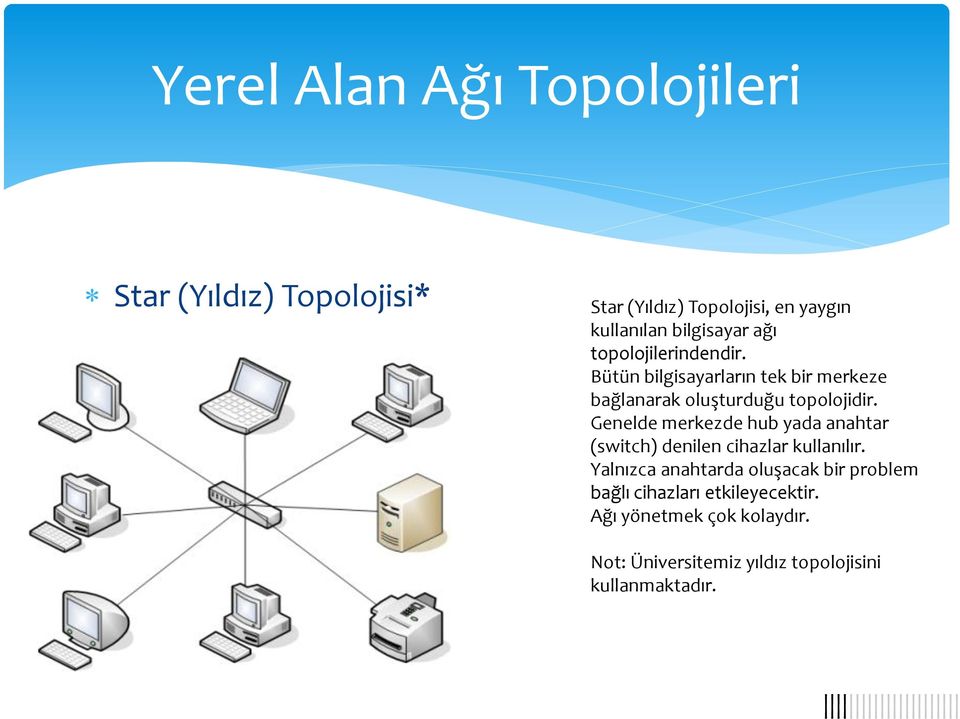 Genelde merkezde hub yada anahtar (switch) denilen cihazlar kullanılır.