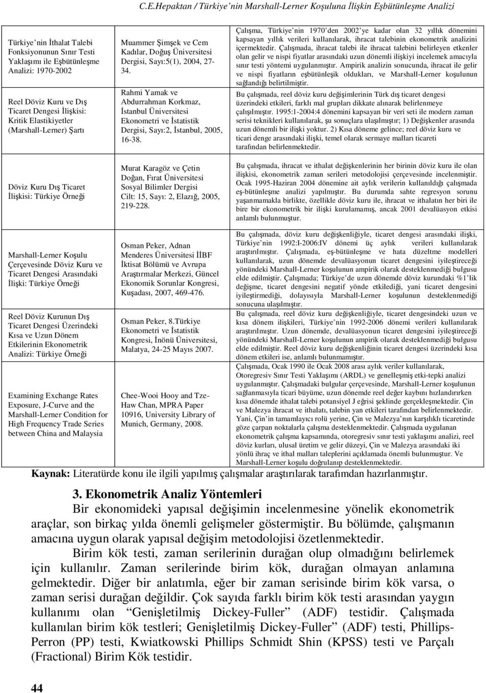 Rahmi Yamak ve Abdurrahman Korkmaz, İsanbul Üniversiesi Ekonomeri ve İsaisik Dergisi, Sayı:2, İsanbul, 2005, 16-38.
