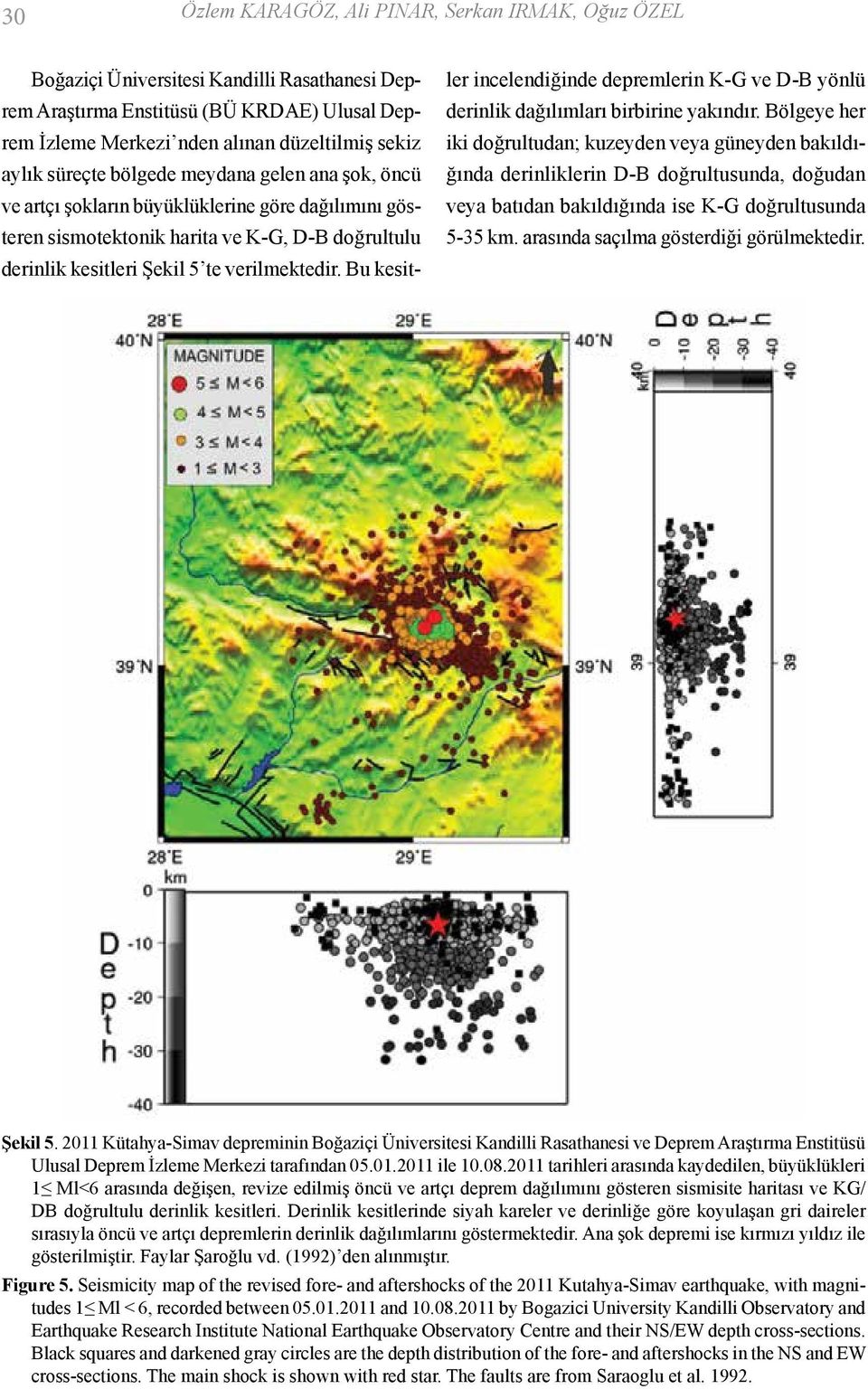 Bu kesitler incelendiğinde depremlerin K-G ve D-B yönlü derinlik dağılımları birbirine yakındır.