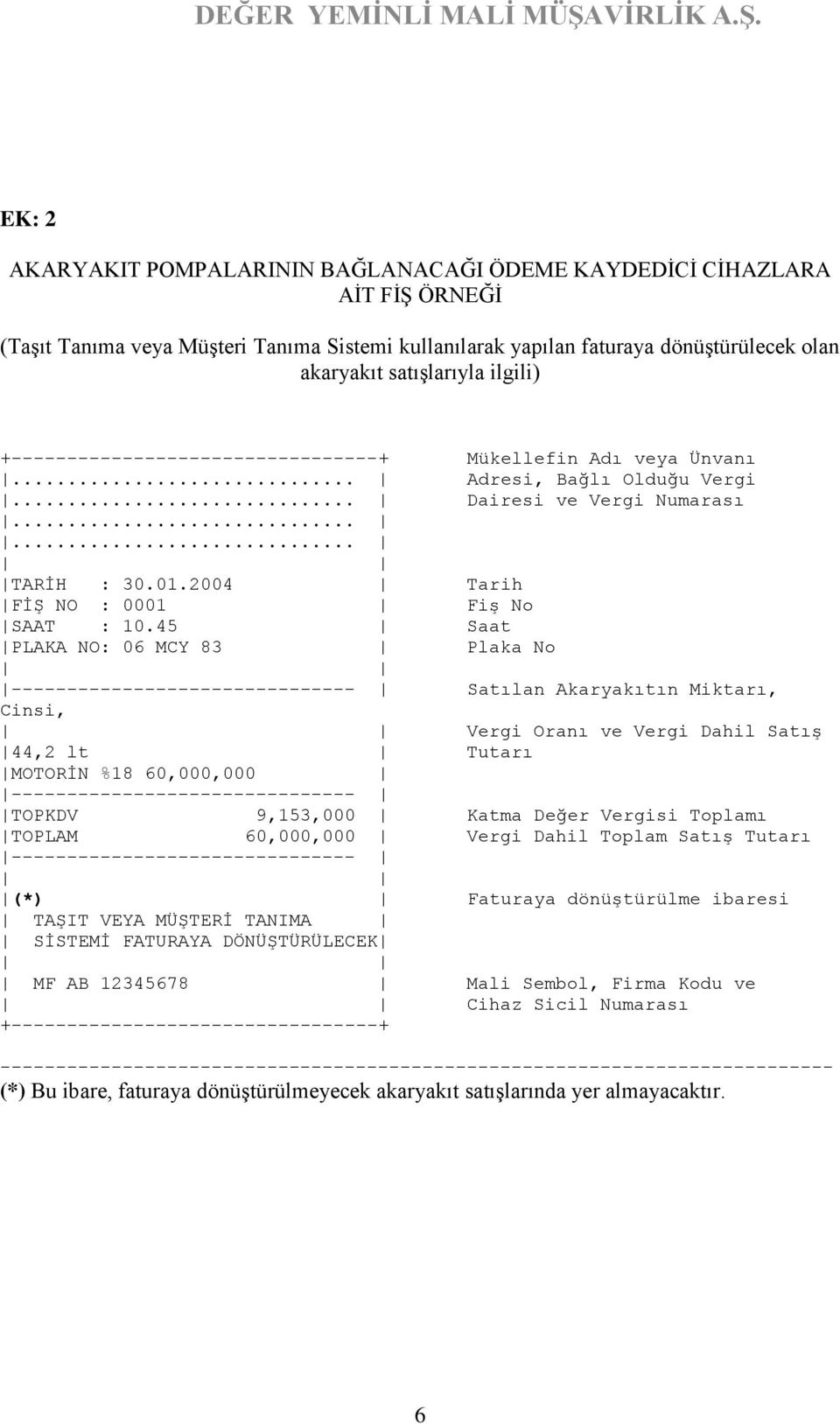 45 Saat PLAKA NO: 06 MCY 83 Plaka No Satılan Akaryakıtın Miktarı, Cinsi, Vergi Oranı ve Vergi Dahil Satış 44,2 lt Tutarı MOTORİN %18 60,000,000 TOPKDV 9,153,000 Katma Değer Vergisi Toplamı TOPLAM