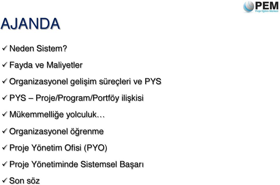 ü PYS Proje/Program/Portföy ilişkisi! ü Mükemmelliğe yolculuk!