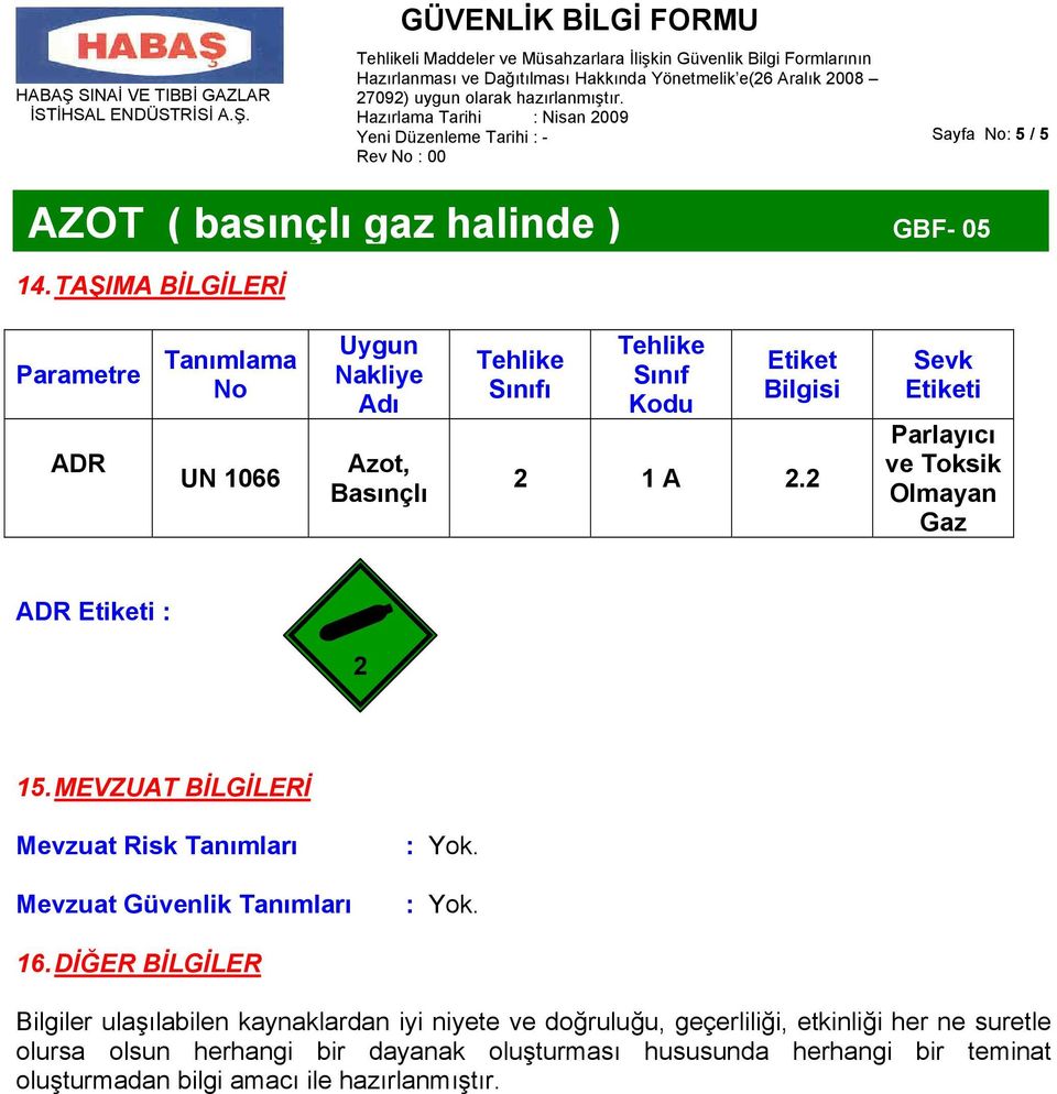 2 1 A 2.2 Sevk Etiketi Parlayıcı ve Toksik Olmayan Gaz ADR Etiketi : 2 15.