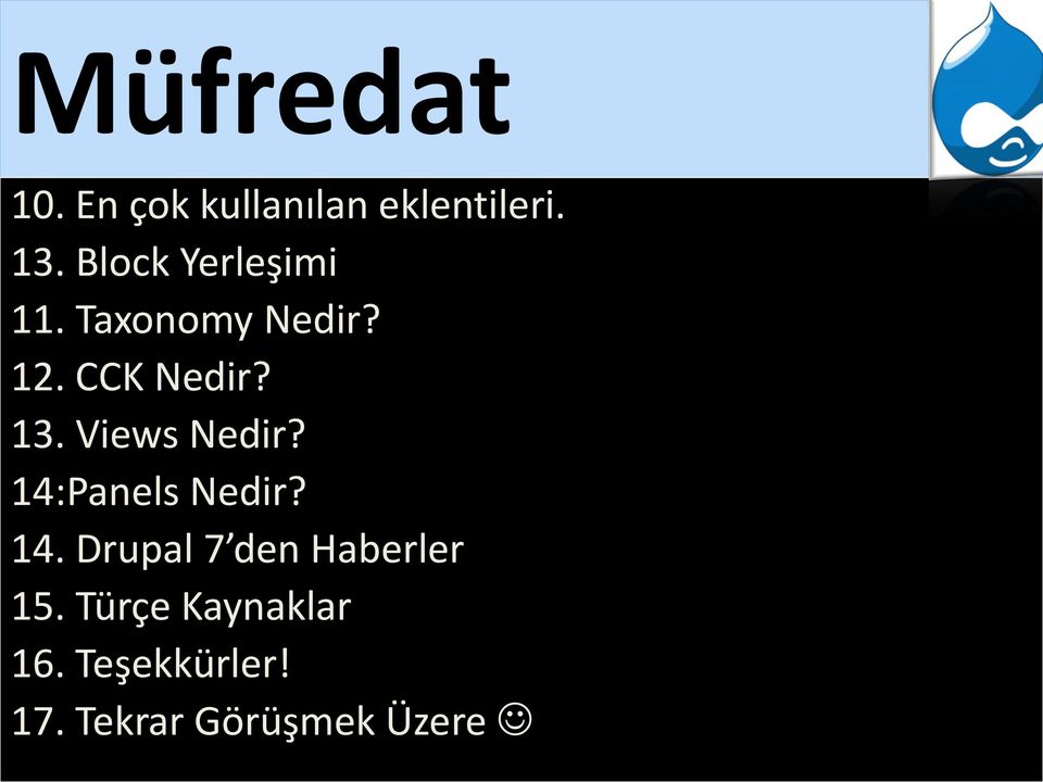 Views Nedir? 14:Panels Nedir? 14. Drupal 7 den Haberler 15.