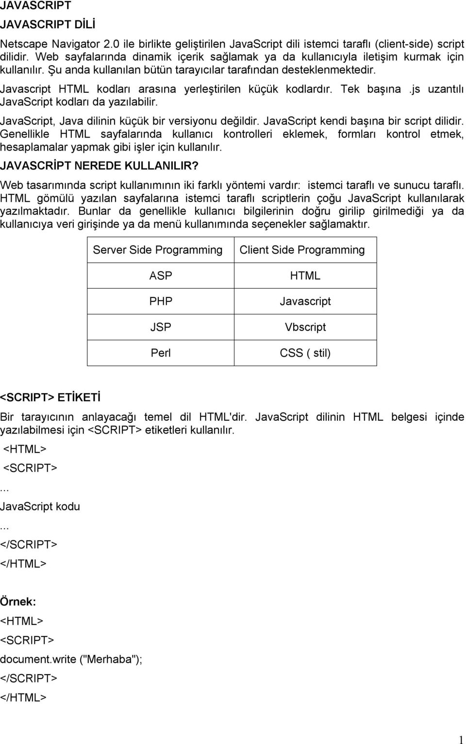 Javascript HTML kodları arasına yerleştirilen küçük kodlardır. Tek başına.js uzantılı JavaScript kodları da yazılabilir. JavaScript, Java dilinin küçük bir versiyonu değildir.