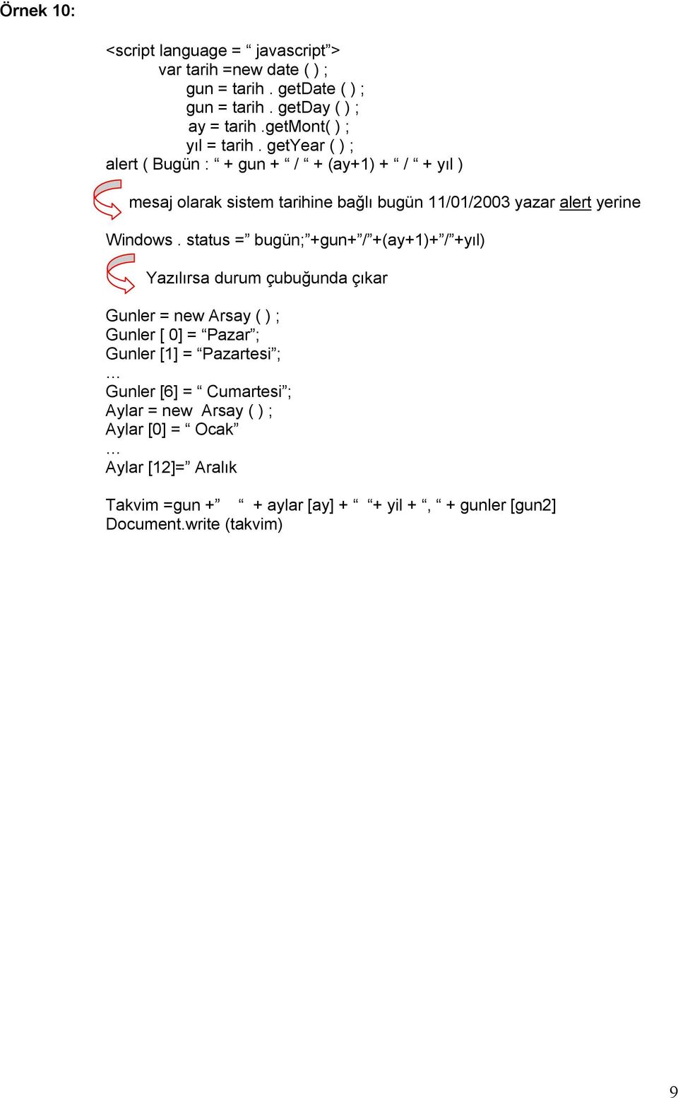 getyear ( ) ; alert ( Bugün : + gun + / + (ay+1) + / + yıl ) mesaj olarak sistem tarihine bağlı bugün 11/01/2003 yazar alert yerine Windows.