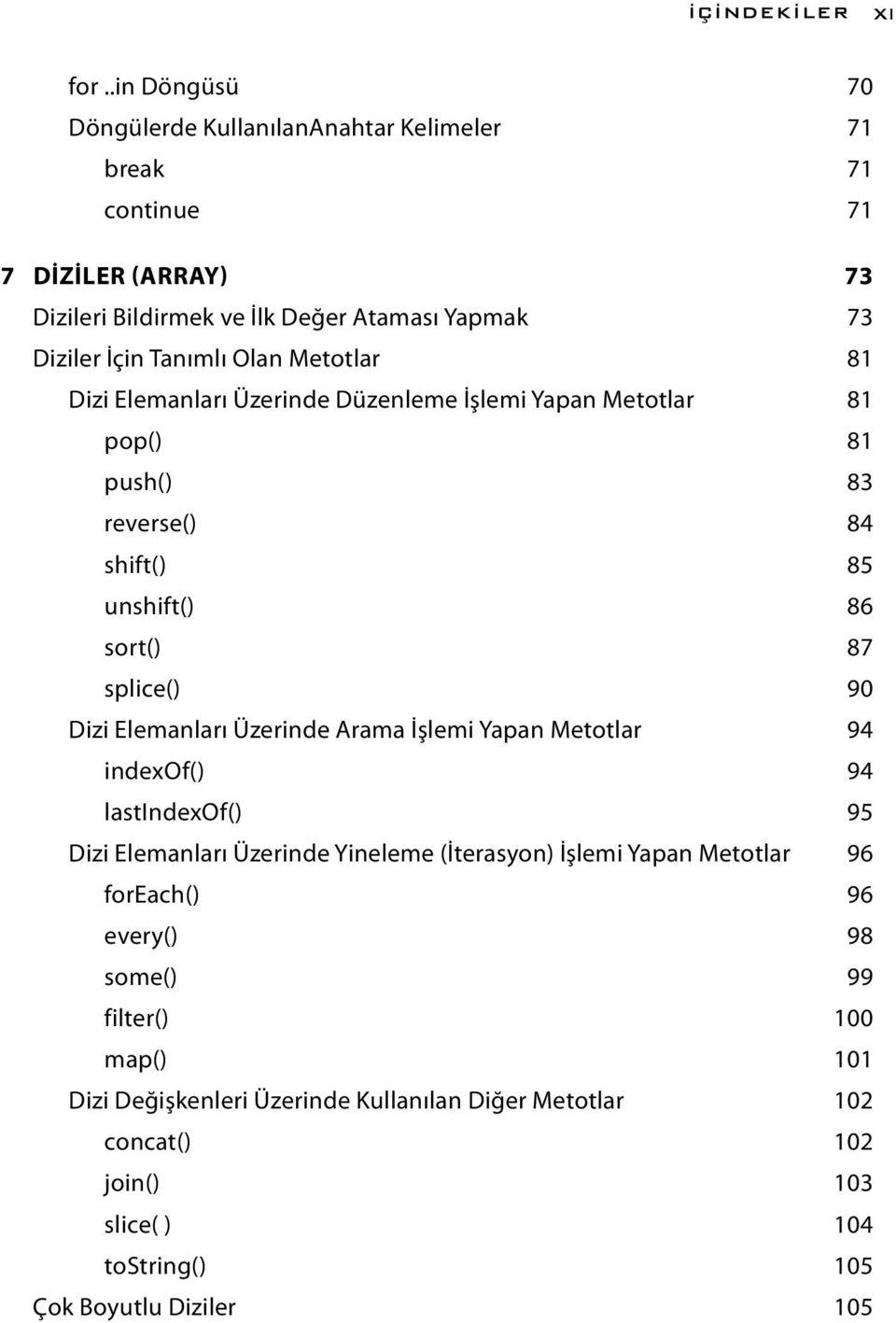 Olan Metotlar 81 Dizi Elemanları Üzerinde Düzenleme İşlemi Yapan Metotlar 81 pop() 81 push() 83 reverse() 84 shift() 85 unshift() 86 sort() 87 splice() 90 Dizi Elemanları