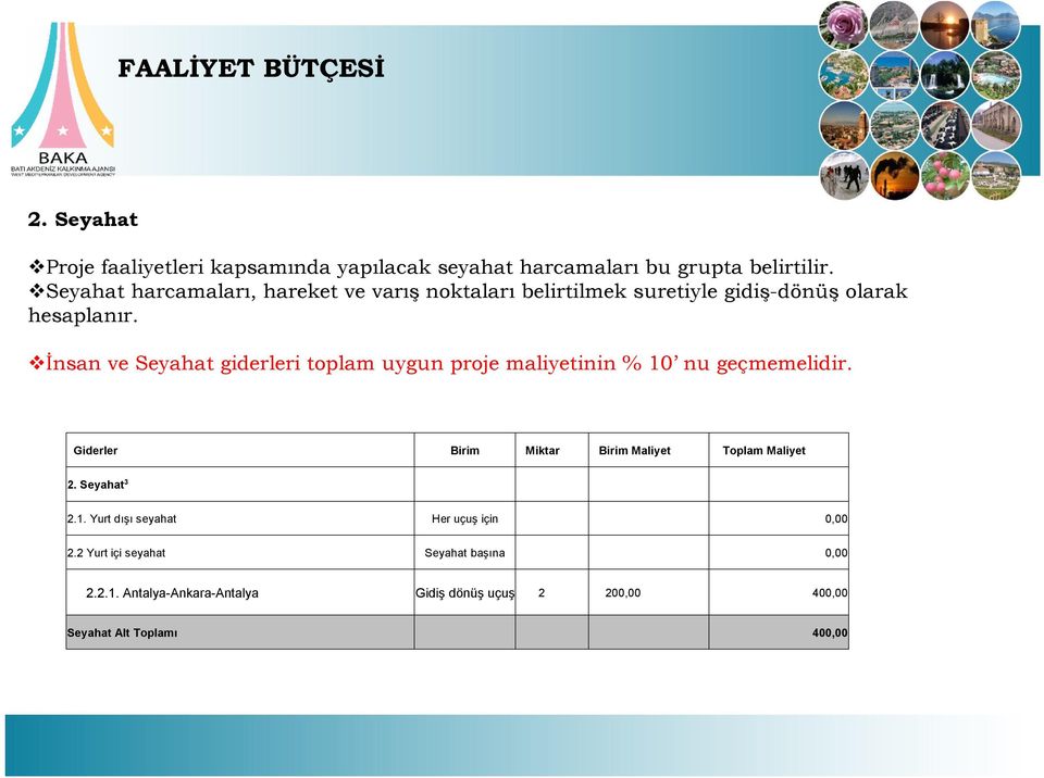 İnsan ve Seyahat giderleri toplam uygun proje maliyetinin % 10 nu geçmemelidir.