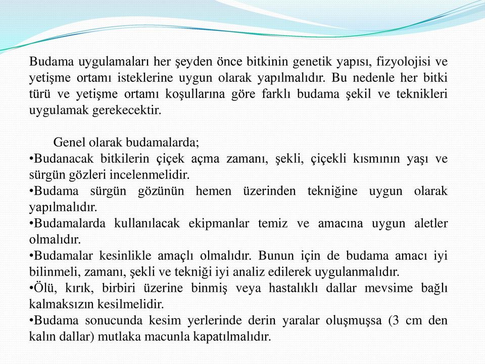 Genel olarak budamalarda; Budanacak bitkilerin çiçek açma zamanı, şekli, çiçekli kısmının yaşı ve sürgün gözleri incelenmelidir.