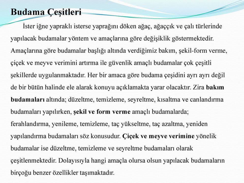 Her bir amaca göre budama çeşidini ayrı ayrı değil de bir bütün halinde ele alarak konuyu açıklamakta yarar olacaktır.