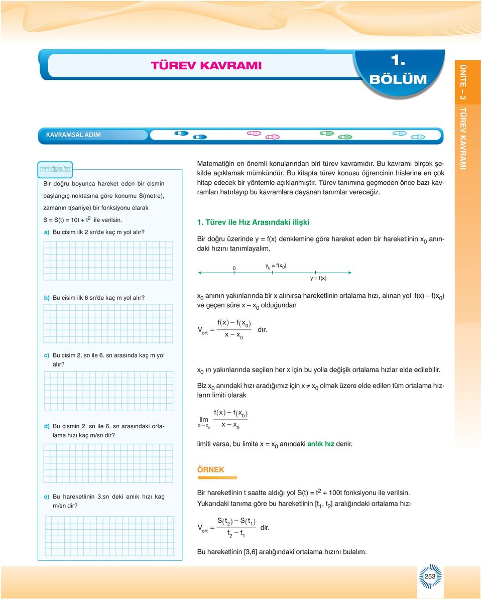 Bu kitapta türev konusu öğrencinin hislerine en çok hitap edecek bir öntemle açıklanmıştır. Türev tanımına geçmeden önce bazı kavramları hatırlaıp bu kavramlara daanan tanımlar vereceğiz.