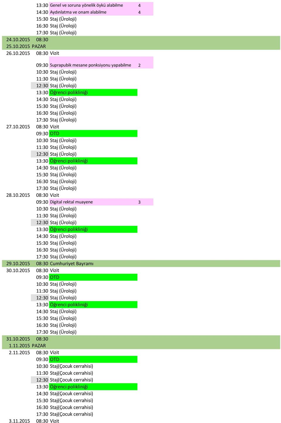 10.2015 08:30 Vizit 09:30 Digital rektal muayene 3 Staj (Üroloji) Staj (Üroloji) Staj (Üroloji) Staj (Üroloji) 29.10.2015 08:30 Cumhuriyet Bayramı 30.10.2015 08:30 Vizit Staj (Üroloji) Staj (Üroloji) Staj (Üroloji) Staj (Üroloji) 31.