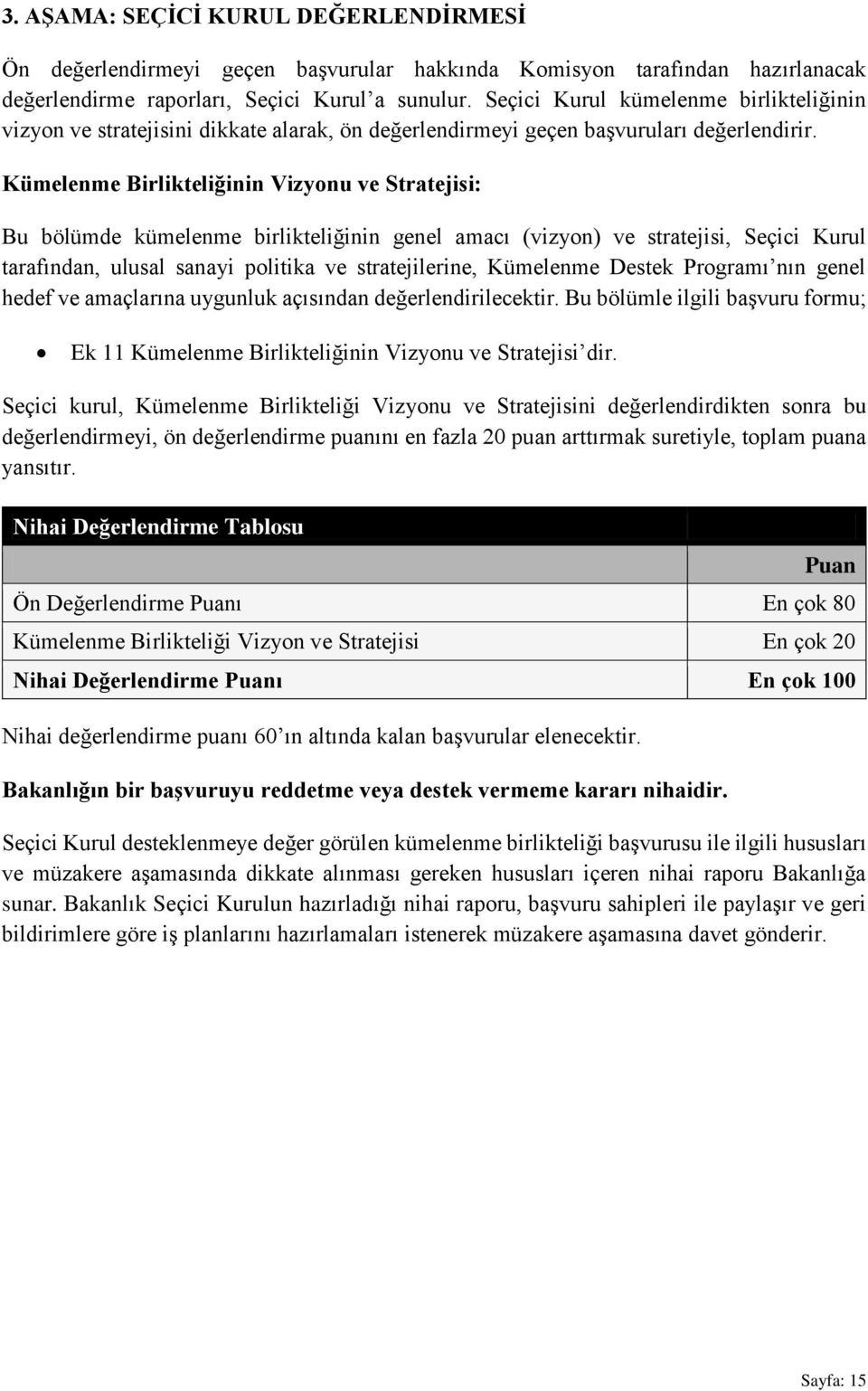 Kümelenme Birlikteliğinin Vizyonu ve Stratejisi: Bu bölümde kümelenme birlikteliğinin genel amacı (vizyon) ve stratejisi, Seçici Kurul tarafından, ulusal sanayi politika ve stratejilerine, Kümelenme