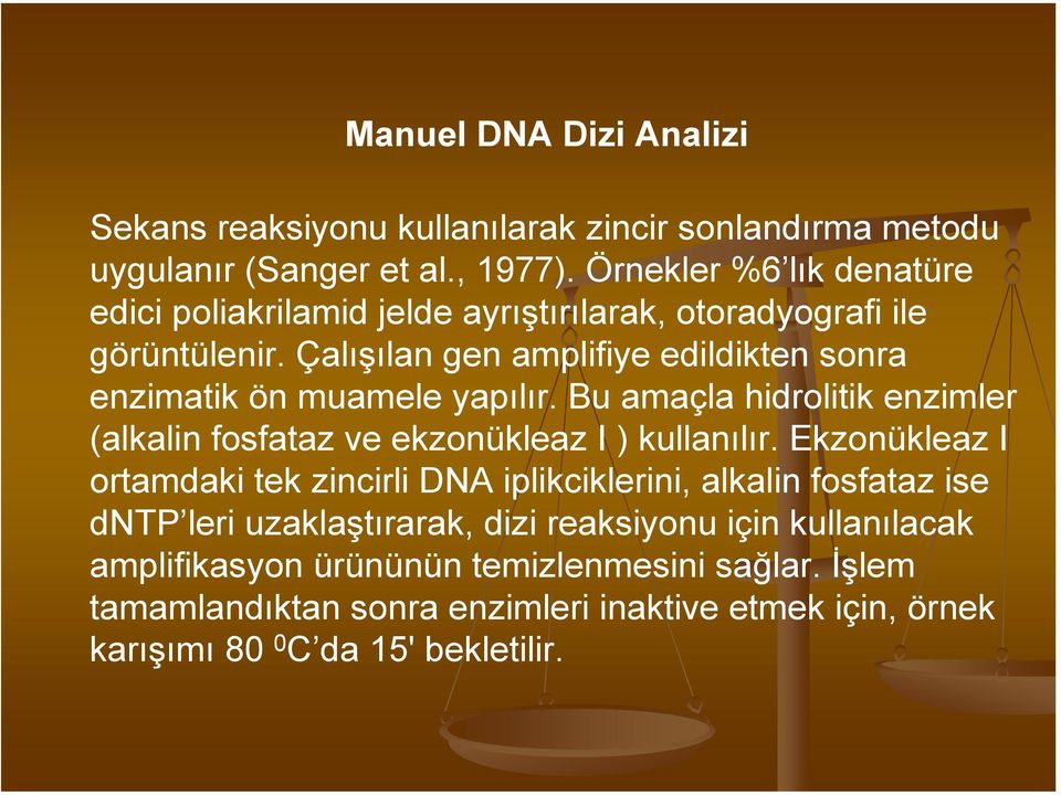 Çalışılan gen amplifiye edildikten sonra enzimatik ön muamele yapılır. Bu amaçla hidrolitik enzimler (alkalin fosfataz ve ekzonükleaz I ) kullanılır.