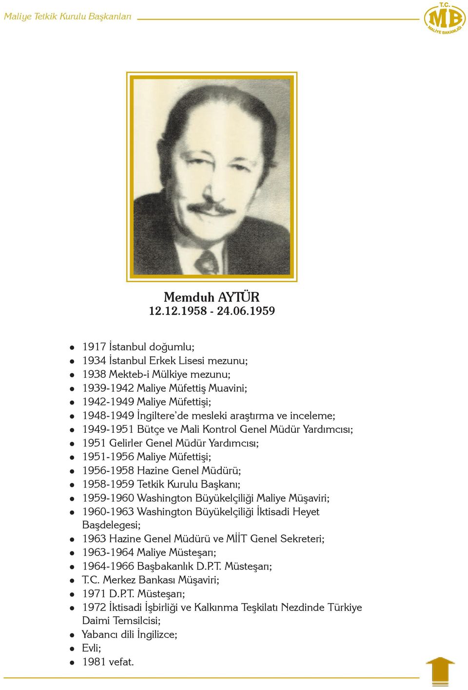 inceleme; 1949-1951 Bütçe ve Mali Kontrol Genel Müdür Yardımcısı; 1951 Gelirler Genel Müdür Yardımcısı; 1951-1956 Maliye Müfettişi; 1956-1958 Hazine Genel Müdürü; 1958-1959 Tetkik Kurulu Başkanı;