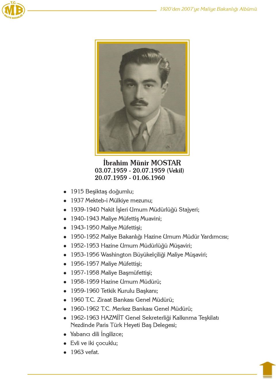 Hazine Umum Müdür Yardımcısı; 1952-1953 Hazine Umum Müdürlüğü Müşaviri; 1953-1956 Washington Büyükelçiliği Maliye Müşaviri; 1956-1957 Maliye Müfettişi; 1957-1958 Maliye Başmüfettişi; 1958-1959