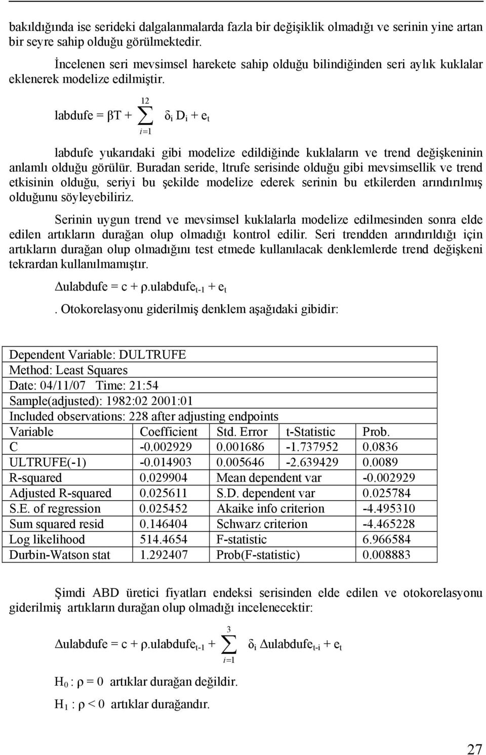 12 labdufe = βt + δ i D i + e t i= 1 labdufe yukarıdaki gibi modelize edildiğinde kuklaların ve trend değişkeninin anlamlı olduğu görülür.