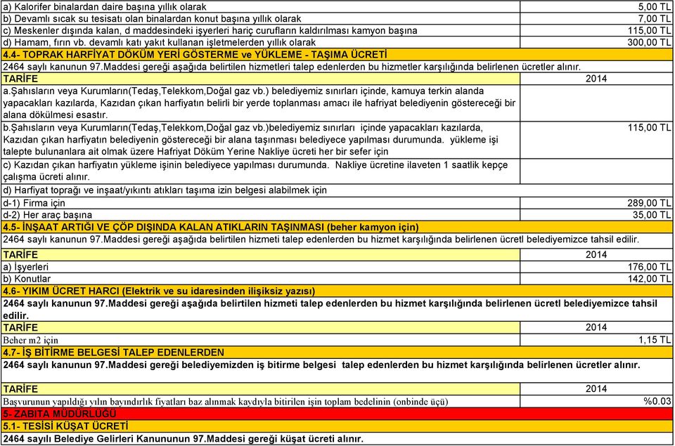 4- TOPRAK HARFİYAT DÖKÜM YERİ GÖSTERME ve YÜKLEME - TAŞIMA ÜCRETİ 2464 saylı kanunun 97.