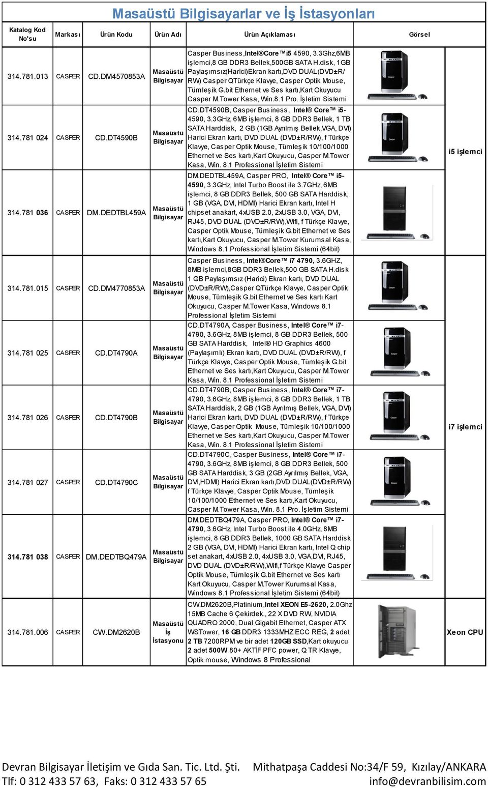 3Ghz,6MB işlemci,8 GB DDR3 Bellek,500GB SATA H.disk, 1GB Paylaşımsız(Harici)Ekran kartı,dvd DUAL(DVD±R/ RW) Casper QTürkçe Klavye, Casper Optik Mouse, Tümleşik G.