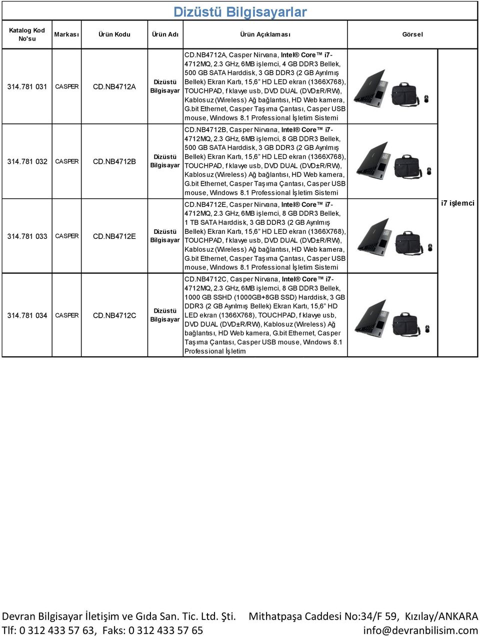 (Wireless) Ağ bağlantısı, HD Web kamera, G.bit Ethernet, Casper Taşıma Çantası, Casper USB mouse, Windows 8.1 Professional İşletim Sistemi CD.NB4712B, Casper Nirvana, Intel Core i7-4712mq, 2.