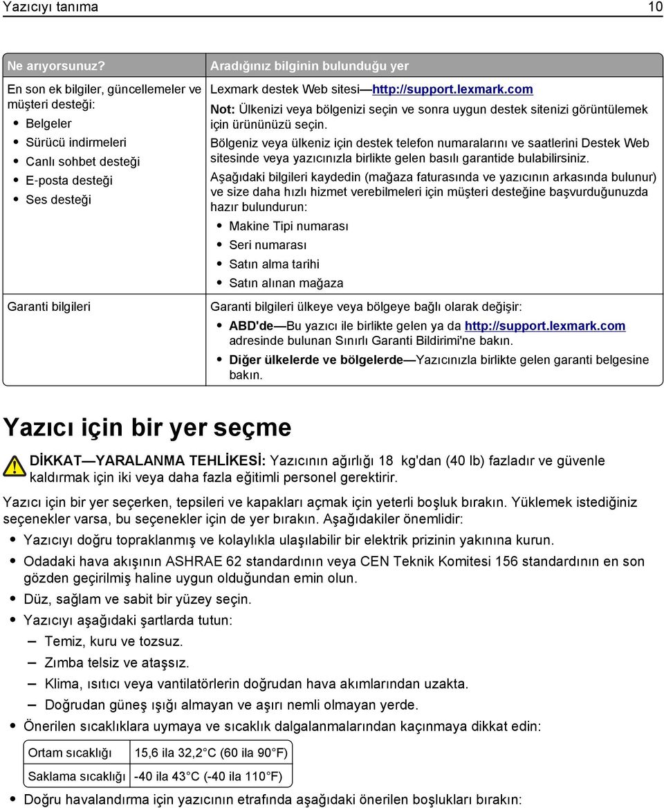 Web sitesi http://support.lexmark.com Not: Ülkenizi veya bölgenizi seçin ve sonra uygun destek sitenizi görüntülemek için ürününüzü seçin.