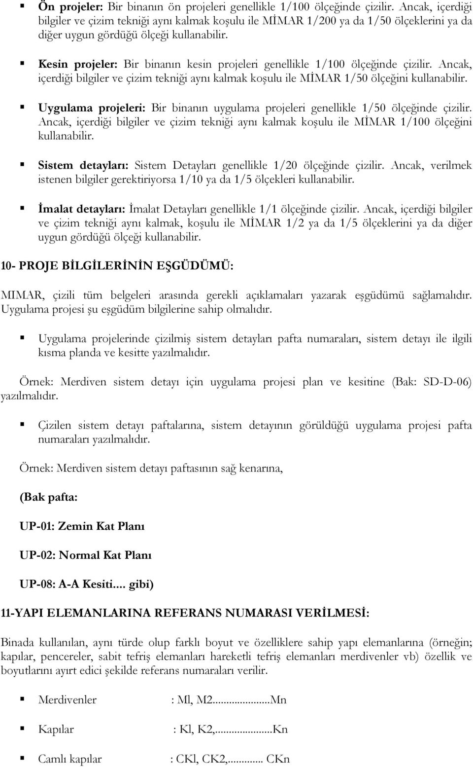 Kesin projeler: Bir binanın kesin projeleri genellikle 1/100 ölçeğinde çizilir. Ancak, içerdiği bilgiler ve çizim tekniği aynı kalmak koşulu ile MİMAR 1/50 ölçeğini kullanabilir.