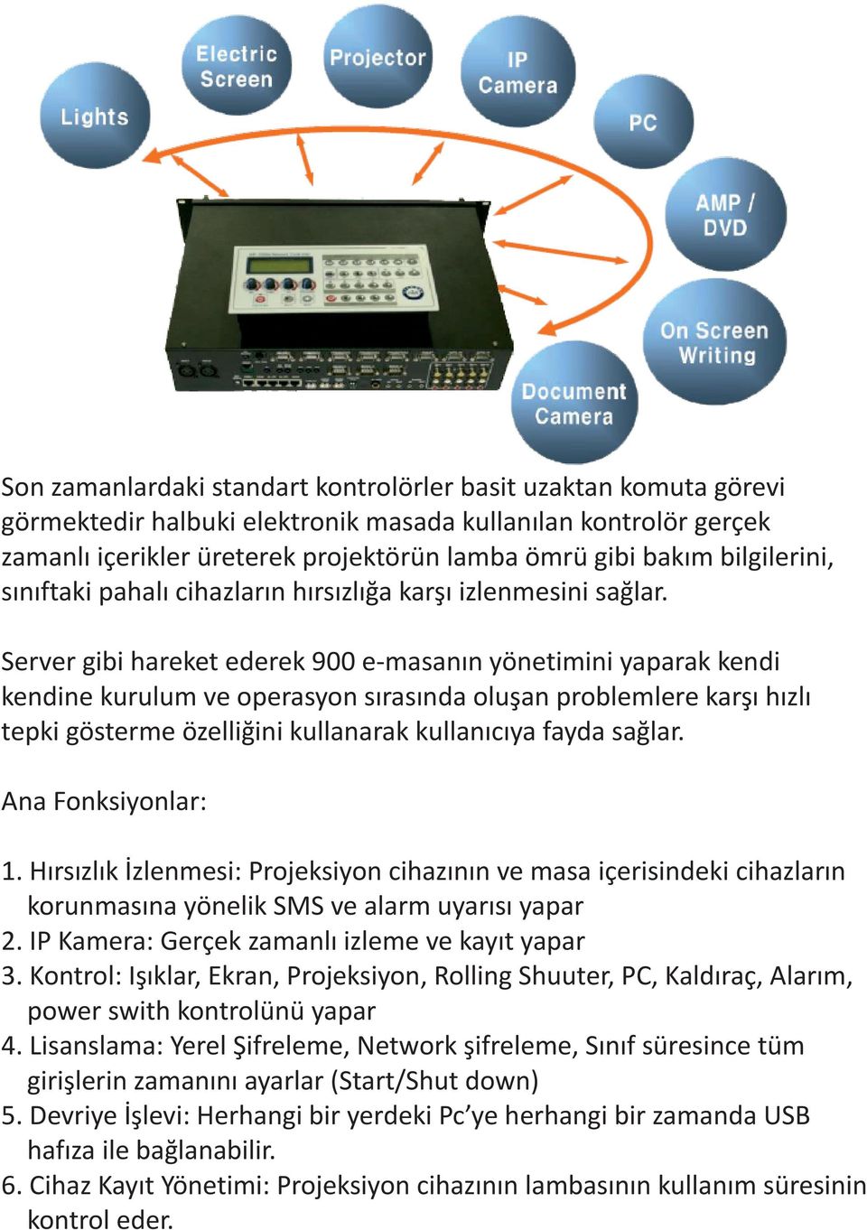 Server gibi hareket ederek 900 e-masanın yönetimini yaparak kendi kendine kurulum ve operasyon sırasında oluşan problemlere karşı hızlı tepki gösterme özelliğini kullanarak kullanıcıya fayda sağlar.