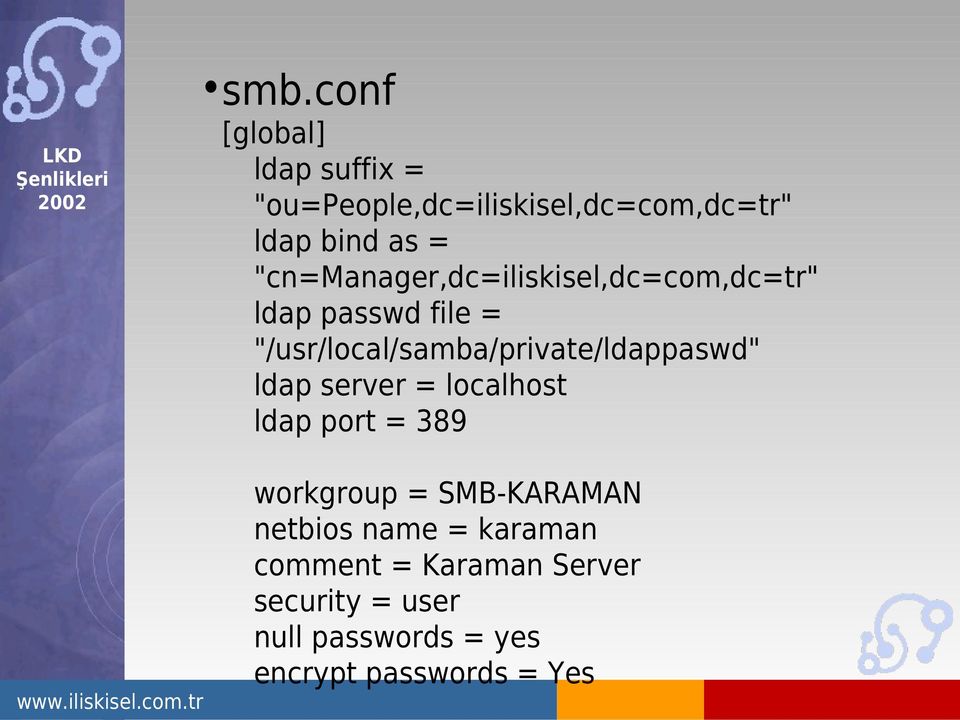 "/usr/local/samba/private/ldappaswd" ldap server = localhost ldap port = 389 workgroup