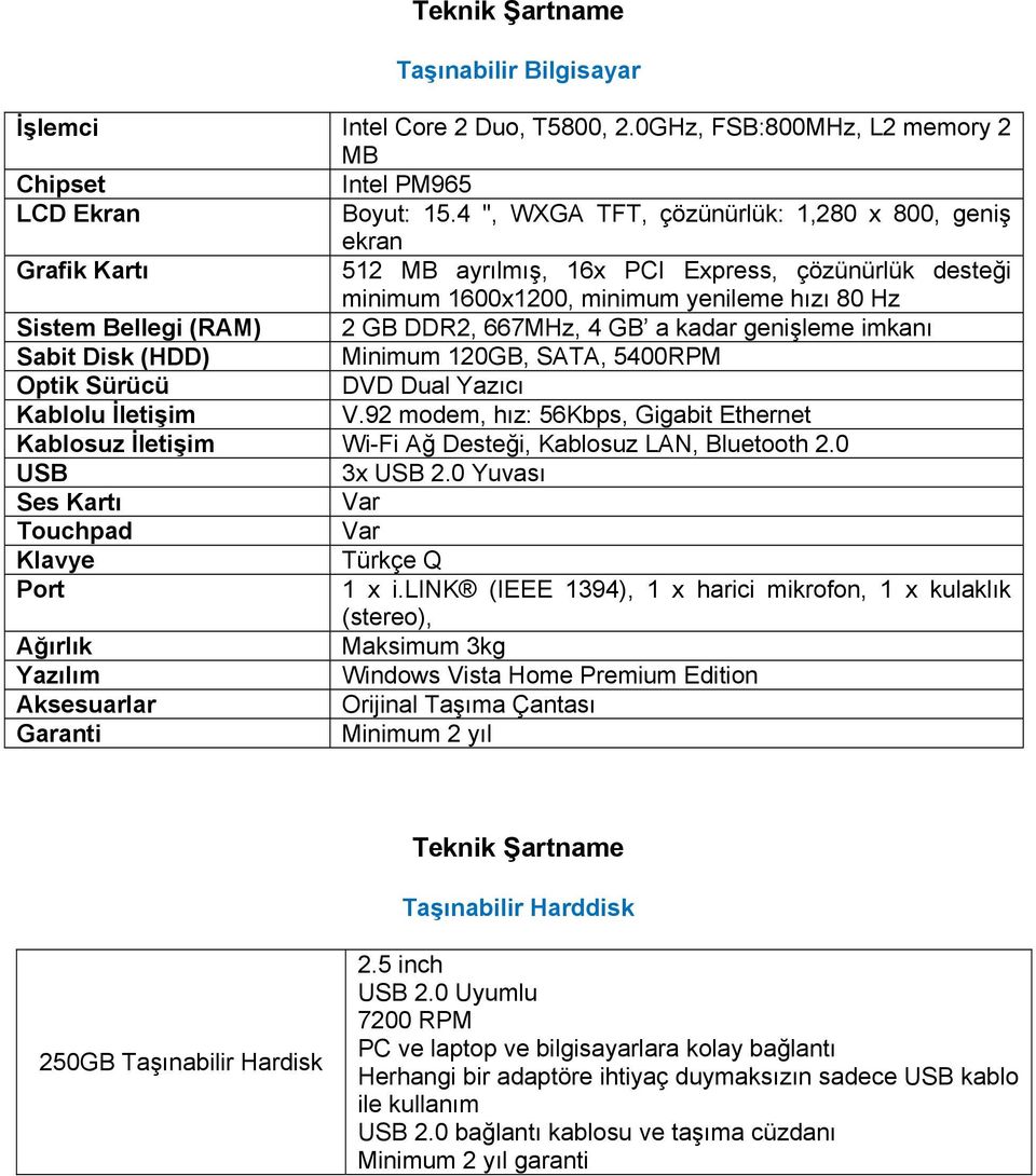 667MHz, 4 GB a kadar genişleme imkanı Sabit Disk (HDD) Minimum 120GB, SATA, 5400RPM Optik Sürücü DVD Dual Yazıcı Kablolu İletişim V.