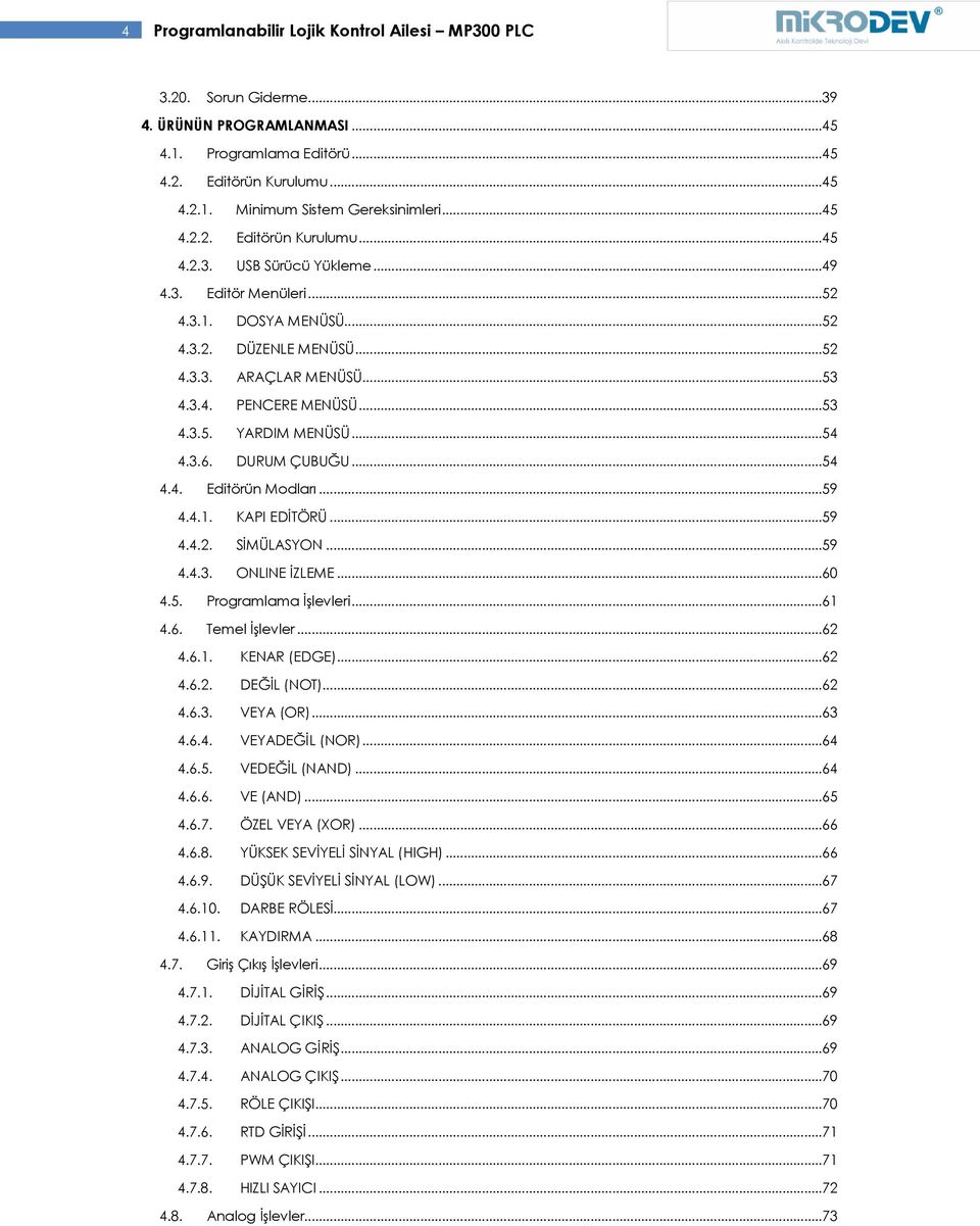 ..54 4.3.6. DURUM ÇUBUĞU...54 4.4. Editörün Modları...59 4.4.1. KAPI EDİTÖRÜ...59 4.4.2. SİMÜLASYON...59 4.4.3. ONLINE İZLEME...60 4.5. Programlama İşlevleri...61 4.6. Temel İşlevler...62 4.6.1. KENAR (EDGE).