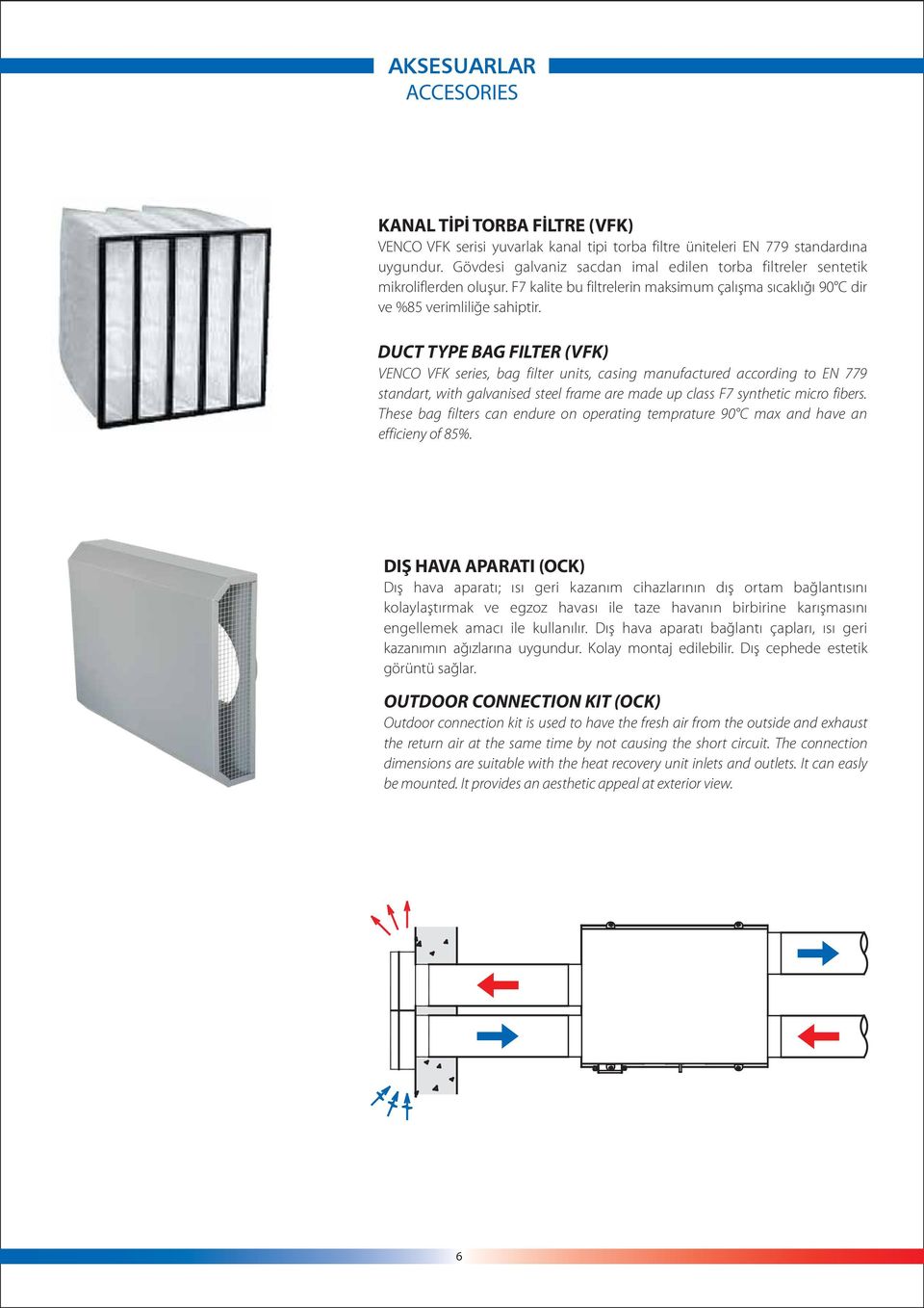 DUCT TYPE BAG FILTER (VFK) VENCO VFK series, bag filter units, casing manufactured according to EN 779 standart, with galvanised steel frame are made up class F7 synthetic micro fibers.