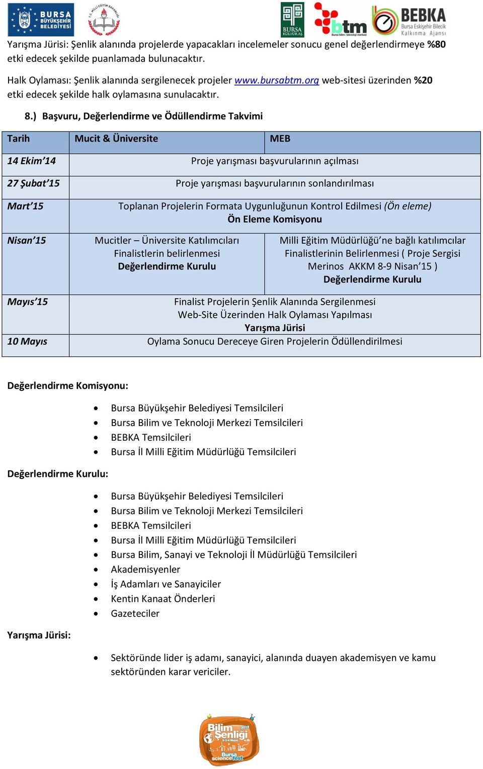 ) Başvuru, Değerlendirme ve Ödüllendirme Takvimi Tarih Mucit & Üniversite MEB 14 Ekim 14 Proje yarışması başvurularının açılması 27 Şubat 15 Proje yarışması başvurularının sonlandırılması Mart 15