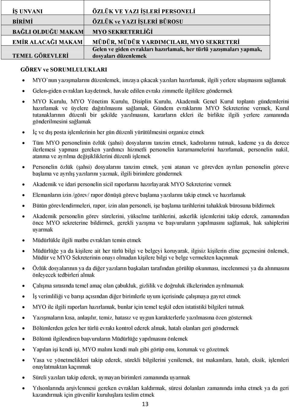 Kurulu, Akademik Genel Kurul toplantı gündemlerini hazırlamak ve üyelere dağıtılmasını sağlamak, Gündem evraklarını MYO Sekreterine vermek, Kurul tutanaklarının düzenli bir şekilde yazılmasını,