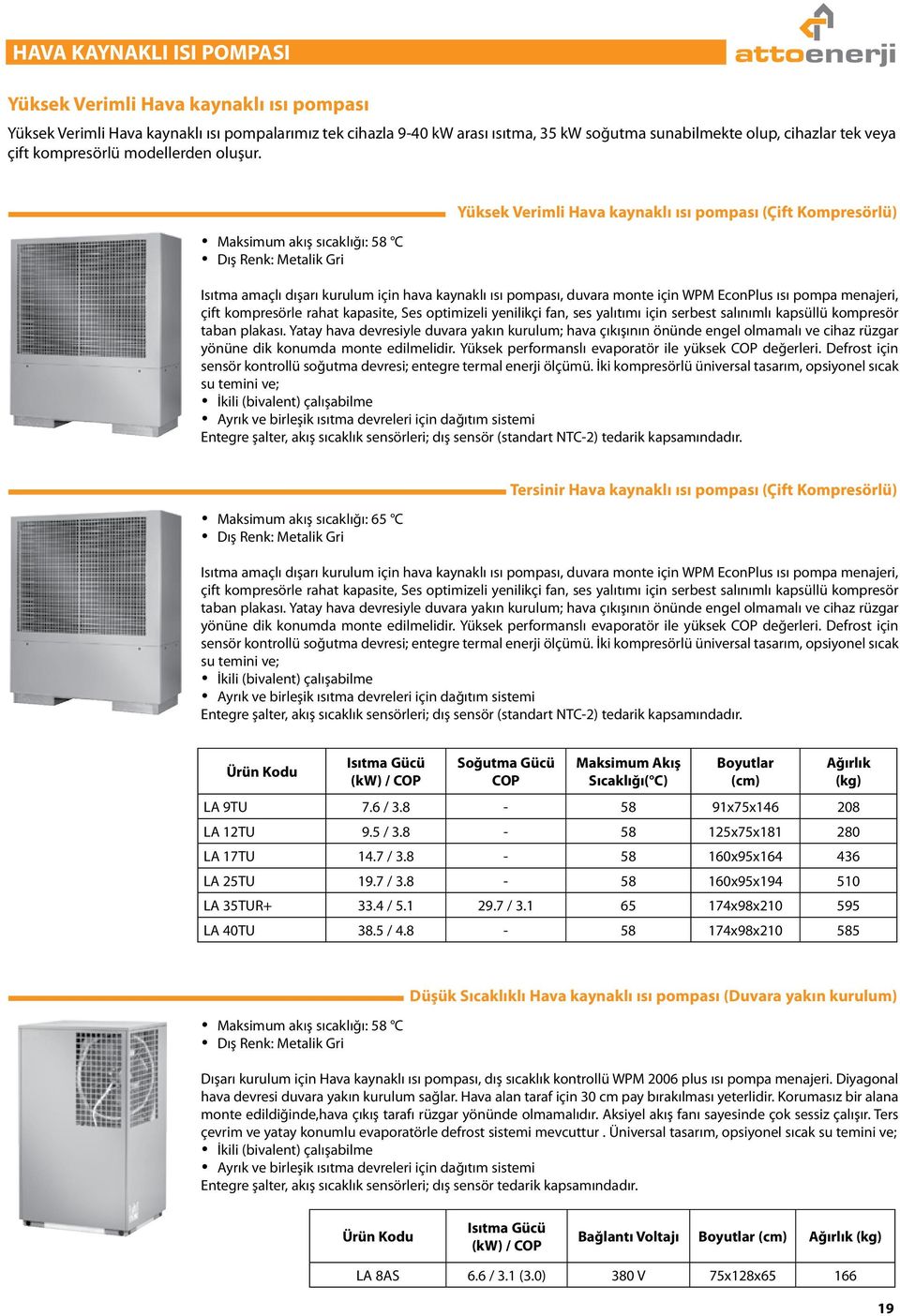 Maksimum akış sıcaklığı: 58 C Dış Renk: Metalik Gri Yüksek Verimli Hava kaynaklı ısı pompası (Çift Kompresörlü) Isıtma amaçlı dışarı kurulum için hava kaynaklı ısı pompası, duvara monte için WPM
