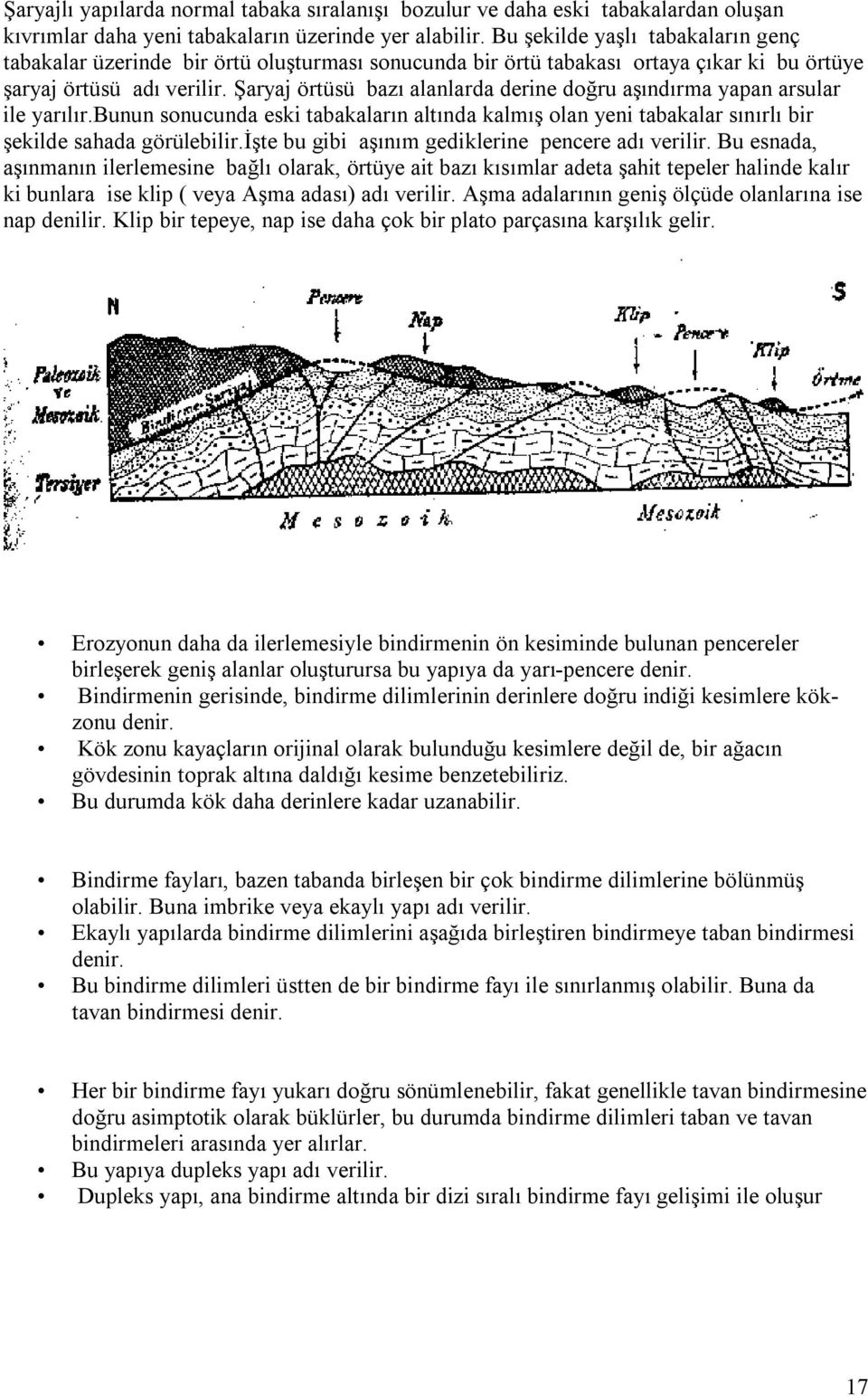 Şaryaj örtüsü bazı alanlarda derine doğru aşındırma yapan arsular ile yarılır.bunun sonucunda eski tabakaların altında kalmış olan yeni tabakalar sınırlı bir şekilde sahada görülebilir.