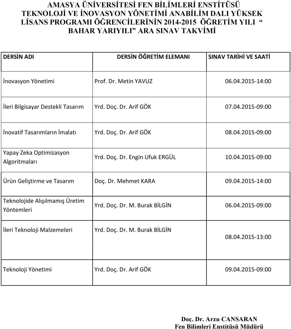 04.2015-09:00 Yapay Zeka Optimizasyon Algoritmaları Yrd. Doç. Dr. Engin Ufuk ERGÜL 10.04.2015-09:00 Ürün Geliştirme ve Tasarım Doç. Dr. Mehmet KARA 09.04.2015-14:00 Teknolojide Alışılmamış Üretim Yöntemleri Yrd.