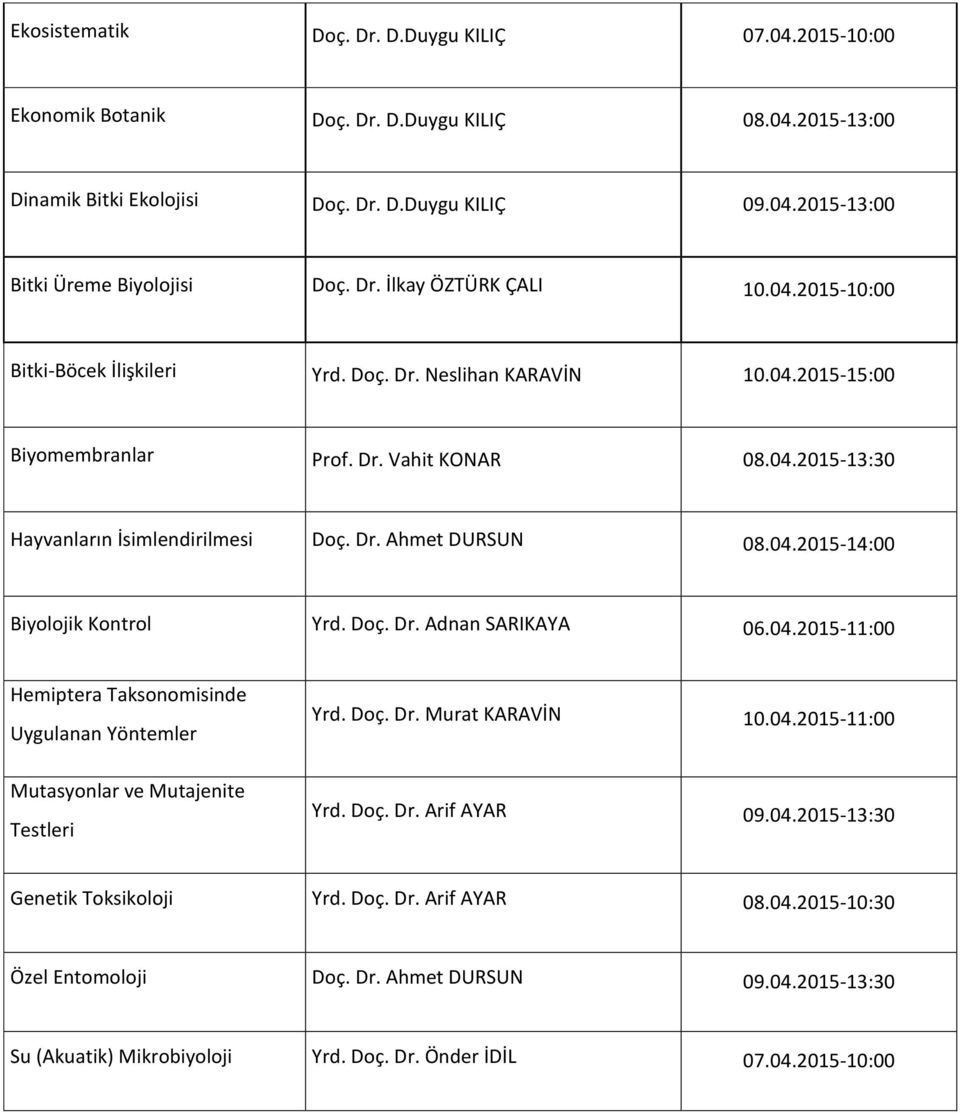 Dr. Ahmet DURSUN 08.04.2015-14:00 Biyolojik Kontrol Yrd. Doç. Dr. Adnan SARIKAYA 06.04.2015-11:00 Hemiptera Taksonomisinde Uygulanan Yöntemler Mutasyonlar ve Mutajenite Testleri Yrd. Doç. Dr. Murat KARAVİN 10.