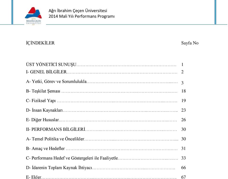 ... 26 II- PERFORMANS BİLGİLERİ..... 30 A- Temel Politika ve Öncelikler...... 30 B- Amaç ve Hedefler.