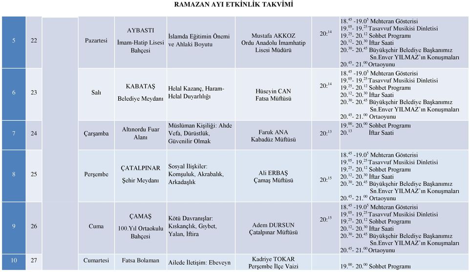 20: 14 20: 13 20. 13 İftar Saati 8 25 Perşembe 9 26 Cuma ÇATALPINAR Şehir Meydanı ÇAMAŞ 100.