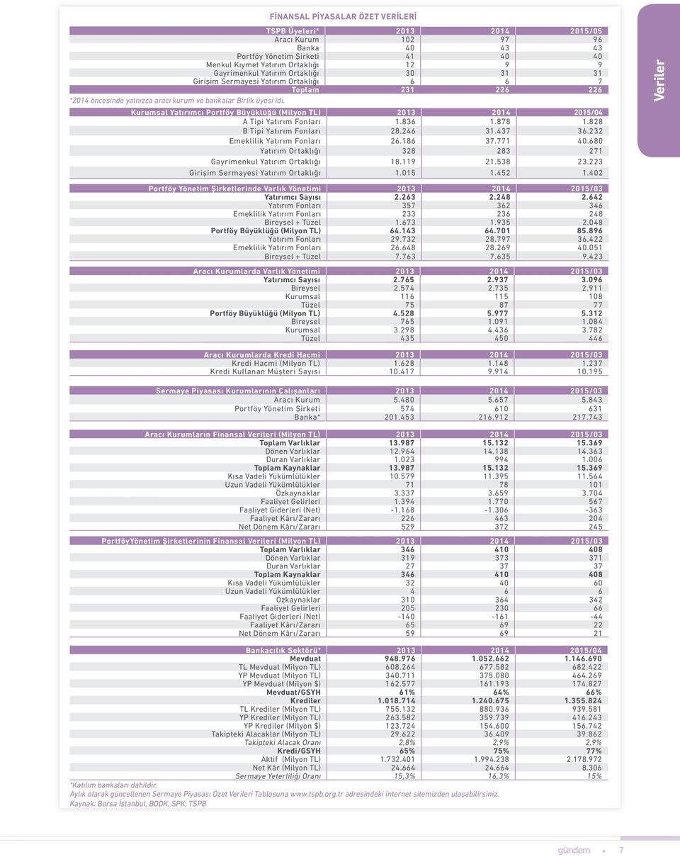 Kurumsal Yatırımcı Portföy Büyüklüğü (Milyon TL) 2013 2014 2015/04 A Tipi Yatırım Fonları 1.836 1.878 1.828 B Tipi Yatırım Fonları 28.246 31.437 36.232 Emeklilik Yatırım Fonları 26.186 37.771 40.