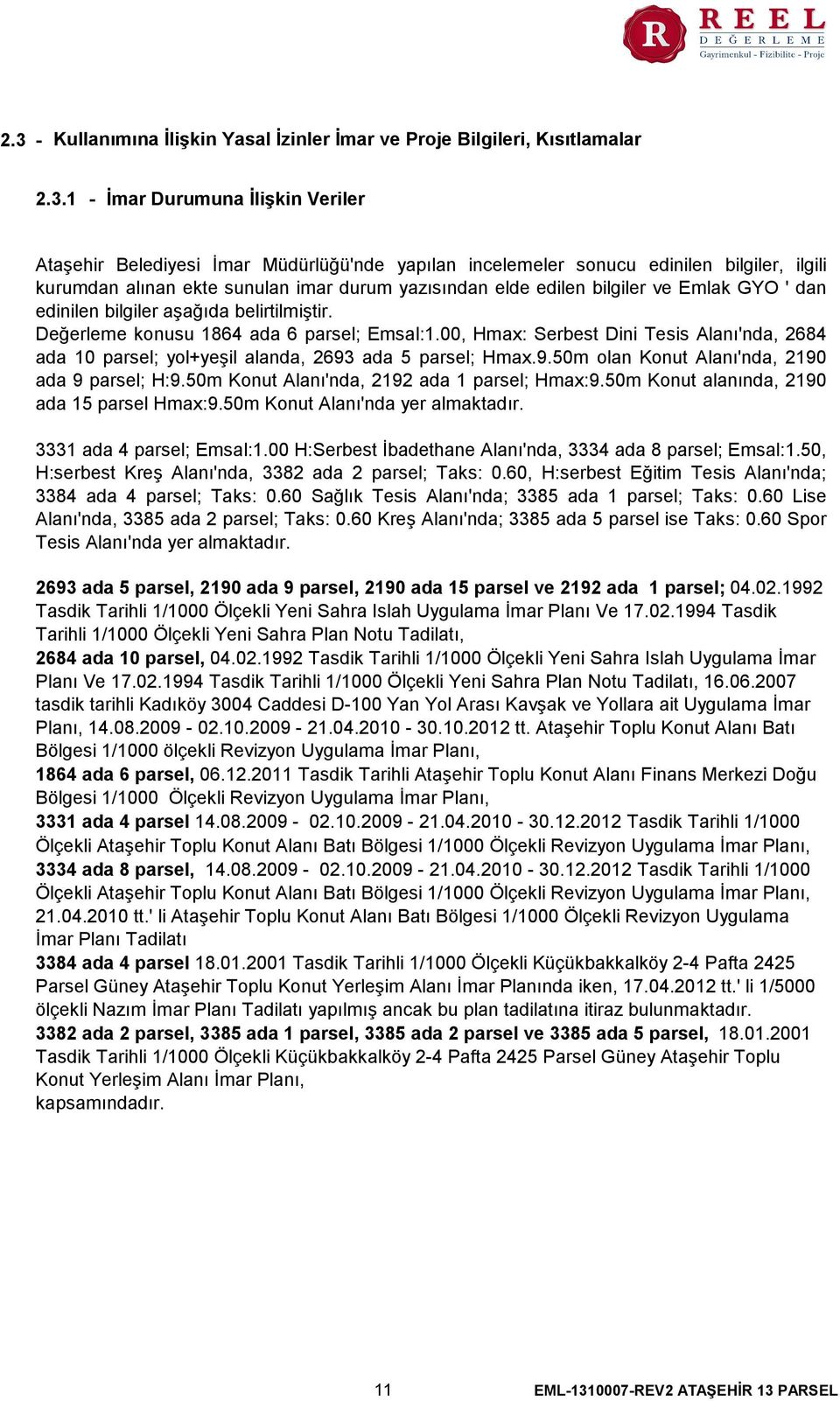 00, Hmax: Serbest Dini Tesis Alanı'nda, 2684 ada 10 parsel; yol+yeşil alanda, 2693 ada 5 parsel; Hmax.9.50m olan Konut Alanı'nda, 2190 ada 9 parsel; H:9.50m Konut Alanı'nda, 2192 ada 1 parsel; Hmax:9.