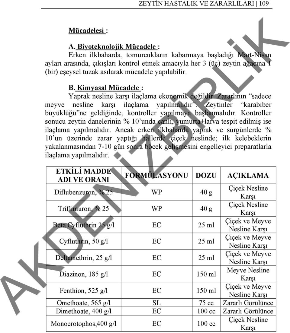 mücadele yapılabilir. B. Kimyasal Mücadele : Yaprak nesline karşı ilaçlama ekonomik değildir. Zararlının sadece meyve nesline karşı ilaçlama yapılmalıdır.