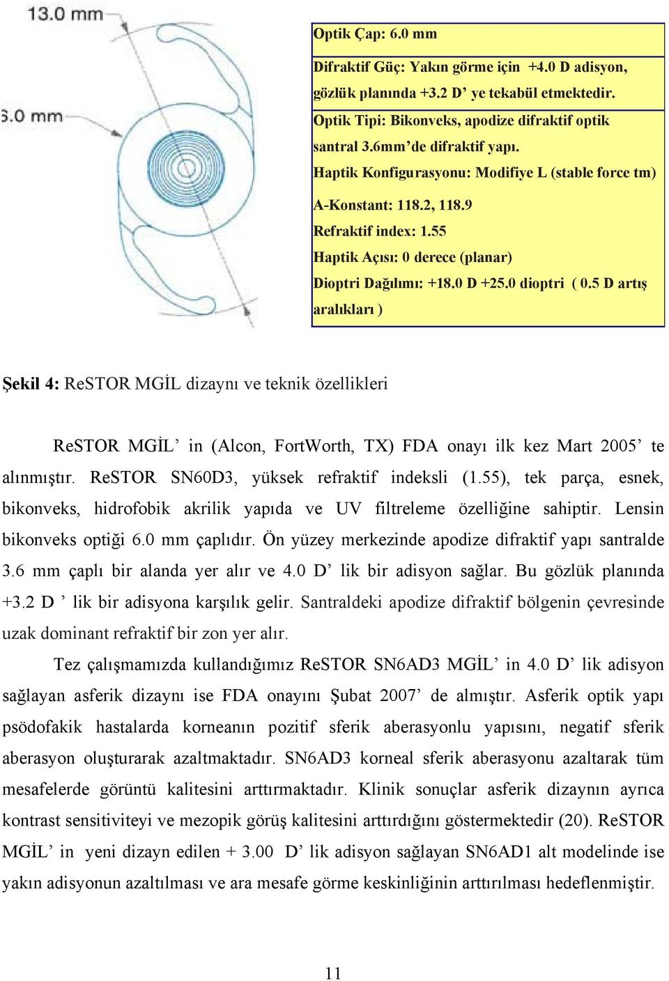 5 D artış aralıkları ) Şekil 4: ReSTOR MGİL dizaynı ve teknik özellikleri ReSTOR MGİL in (Alcon, FortWorth, TX) FDA onayı ilk kez Mart 2005 te alınmıştır. ReSTOR SN60D3, yüksek refraktif indeksli (1.